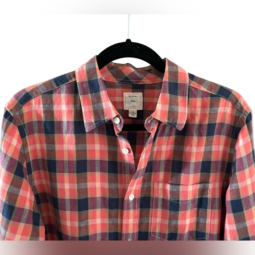 Gap Men’s Orange Blue Linen Long Sleeve Button Down Plaid Shirt Size M